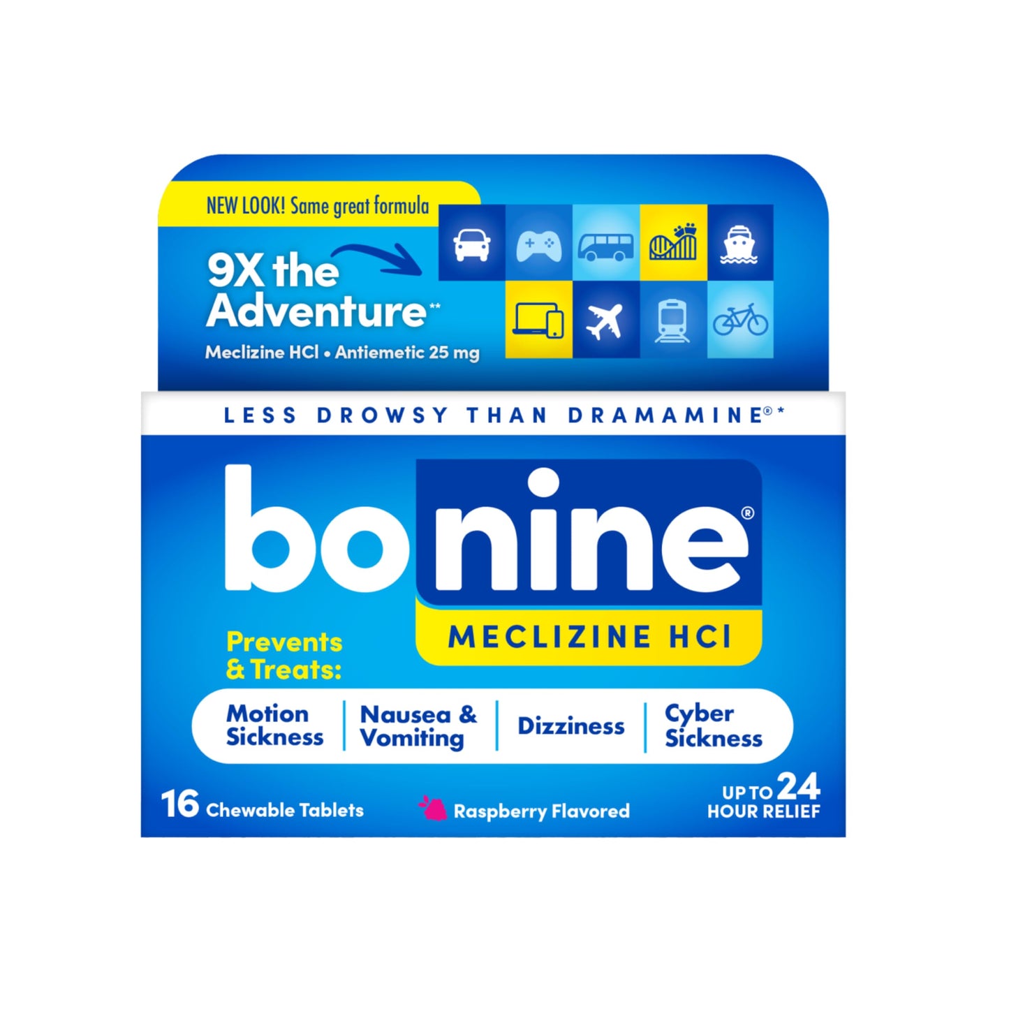 Bonine Non-Drowsy for Motion Sickness Relief, Sea Sickness, Car Sickness, Nausea, & Vomiting - Meclizine HCI 25mg, Travel-Sized - 16ct Raspberry Chewable Tablets (Packaging May Vary) Bonine buy supplements Au