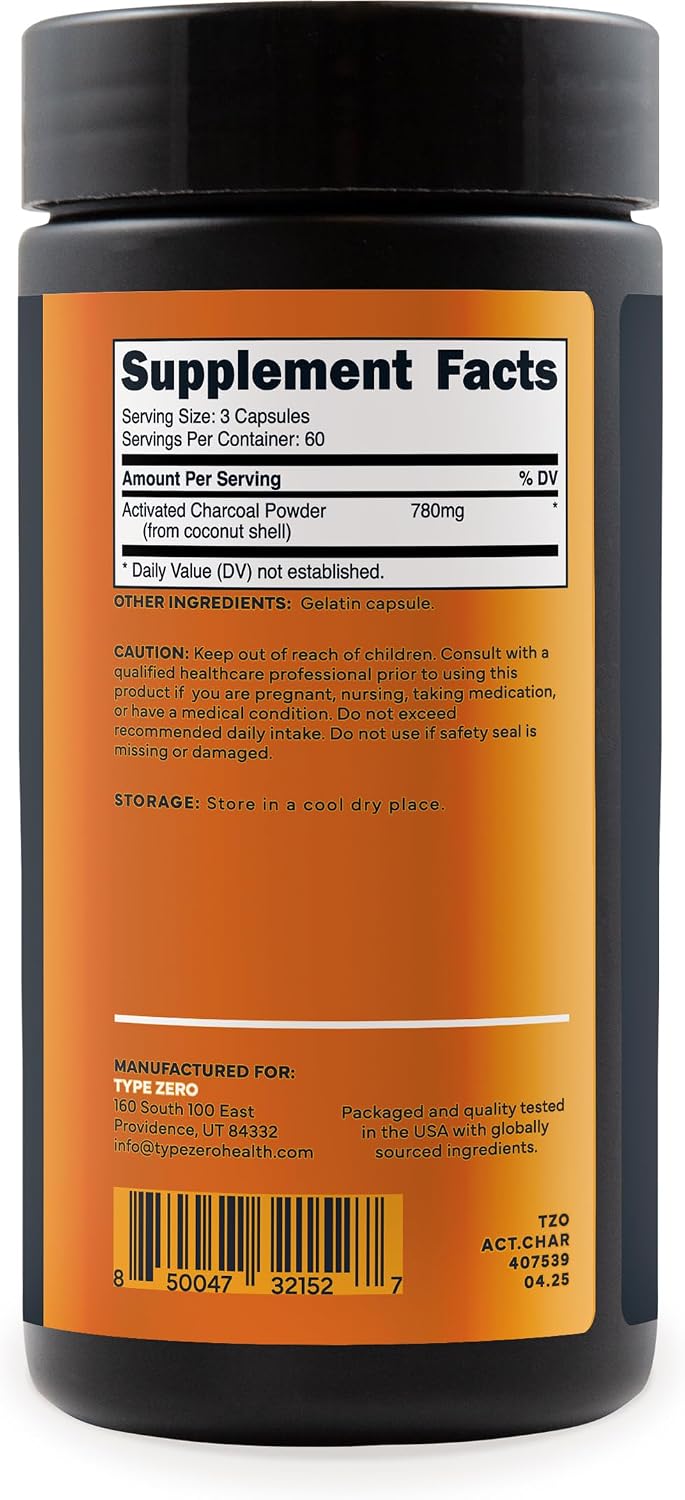 Type Zero Activated Charcoal (780mg) 180 Capsules, 60 Servings, Gluten-Free | From Coconut Shell, GMO-Free