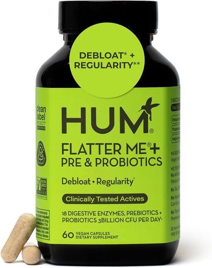 HUM Flatter Me Plus Digestive Enzymes, Prebiotics & Gut Health, 60 Count