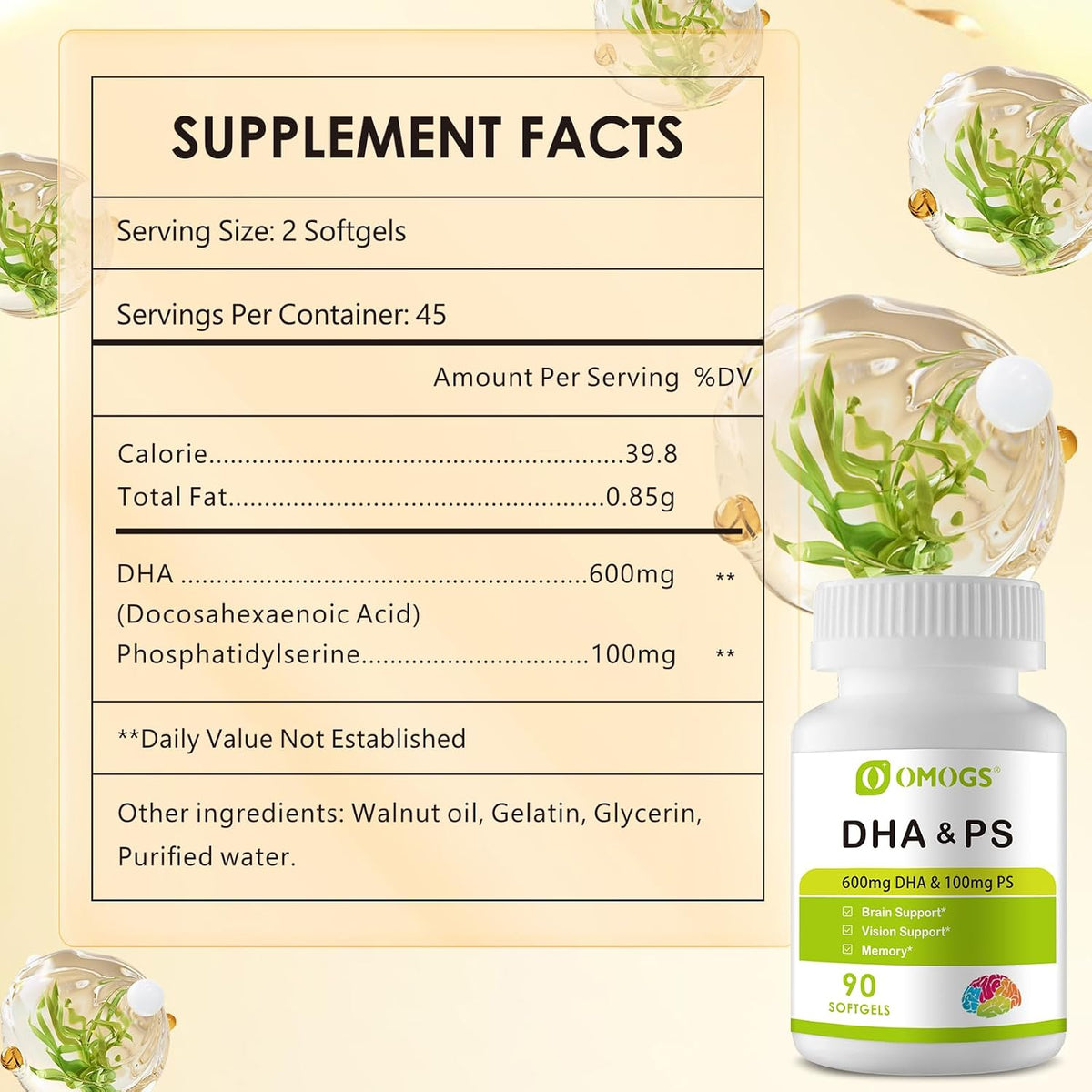 OMOGS Algae DHA - 600 mg Omega-3 DHA Softgels, with Phosphatidylserine & Walnut Oil, Supports Healthy Brain Function, Vision, Eye & Memory, Gluten Free, Non-GMO, 90 Softgels