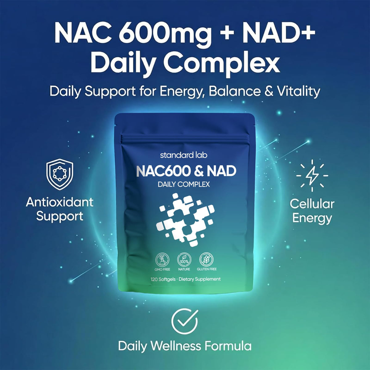 Suplement ​AMOQUCT Standard Lab NAC 600mg & NAD+ Daily Complex Capsules, NAC Supplement with NAD for Antioxidant, Cellular Energy and Immune Support, Daily Wellness Formula - VelvetGlow USA