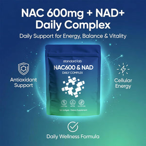 Suplement ​AMOQUCT Standard Lab NAC 600mg & NAD+ Daily Complex Capsules, NAC Supplement with NAD for Antioxidant, Cellular Energy and Immune Support, Daily Wellness Formula - VelvetGlow USA