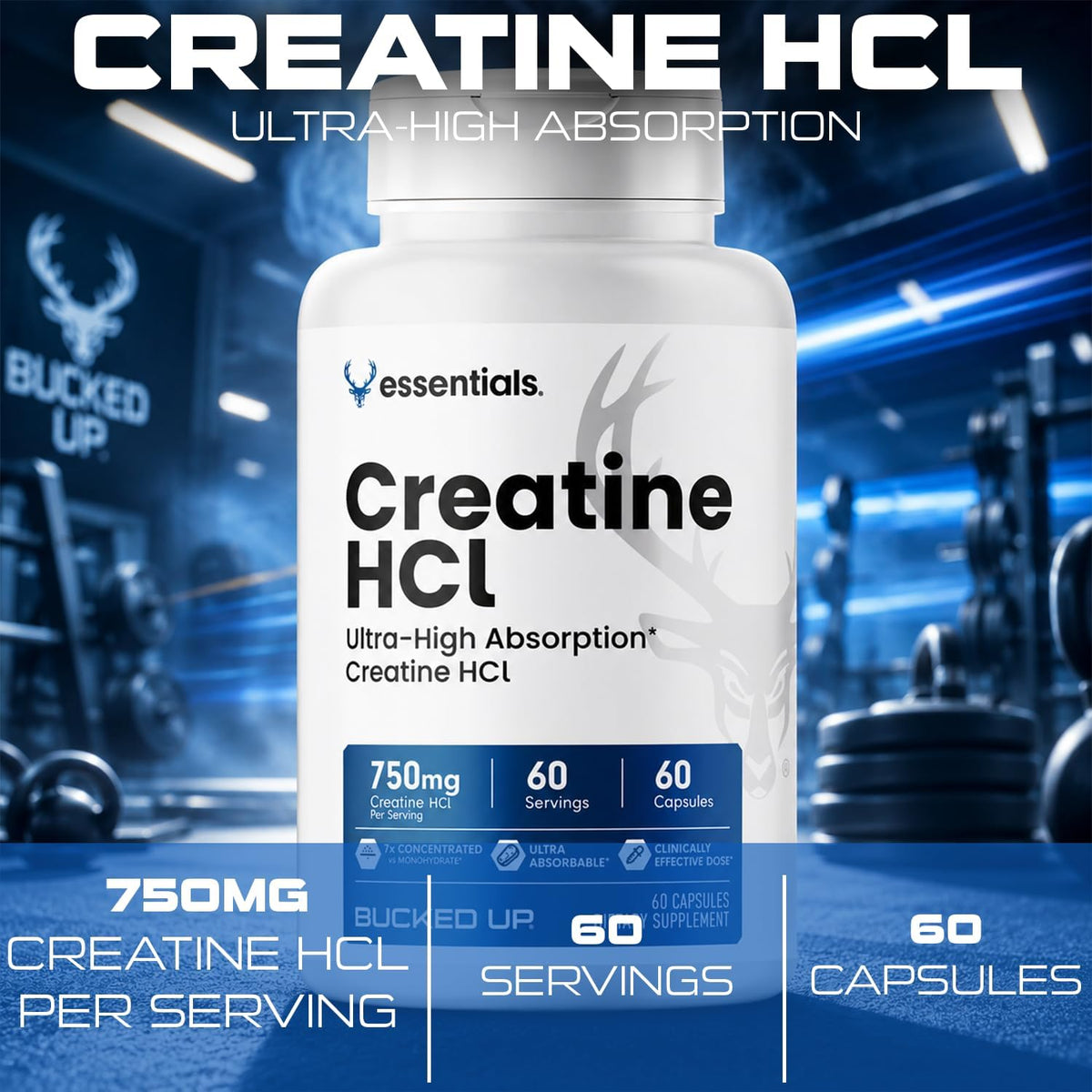 Bucked Up - Creatine HCL, 750mg Serving - 60 Servings (60 Capsules)
