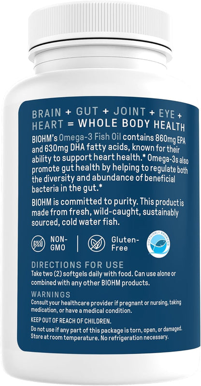 BIOHM Omega-3 Fish Oil 2500mg, 60 Softgels, High Potency 860mg EPA & 630mg DHA, Omega 3 Fatty Acid Supplements to Support Brain, Joint, Eye, Liver & Gut Health, Sustainably Sourced