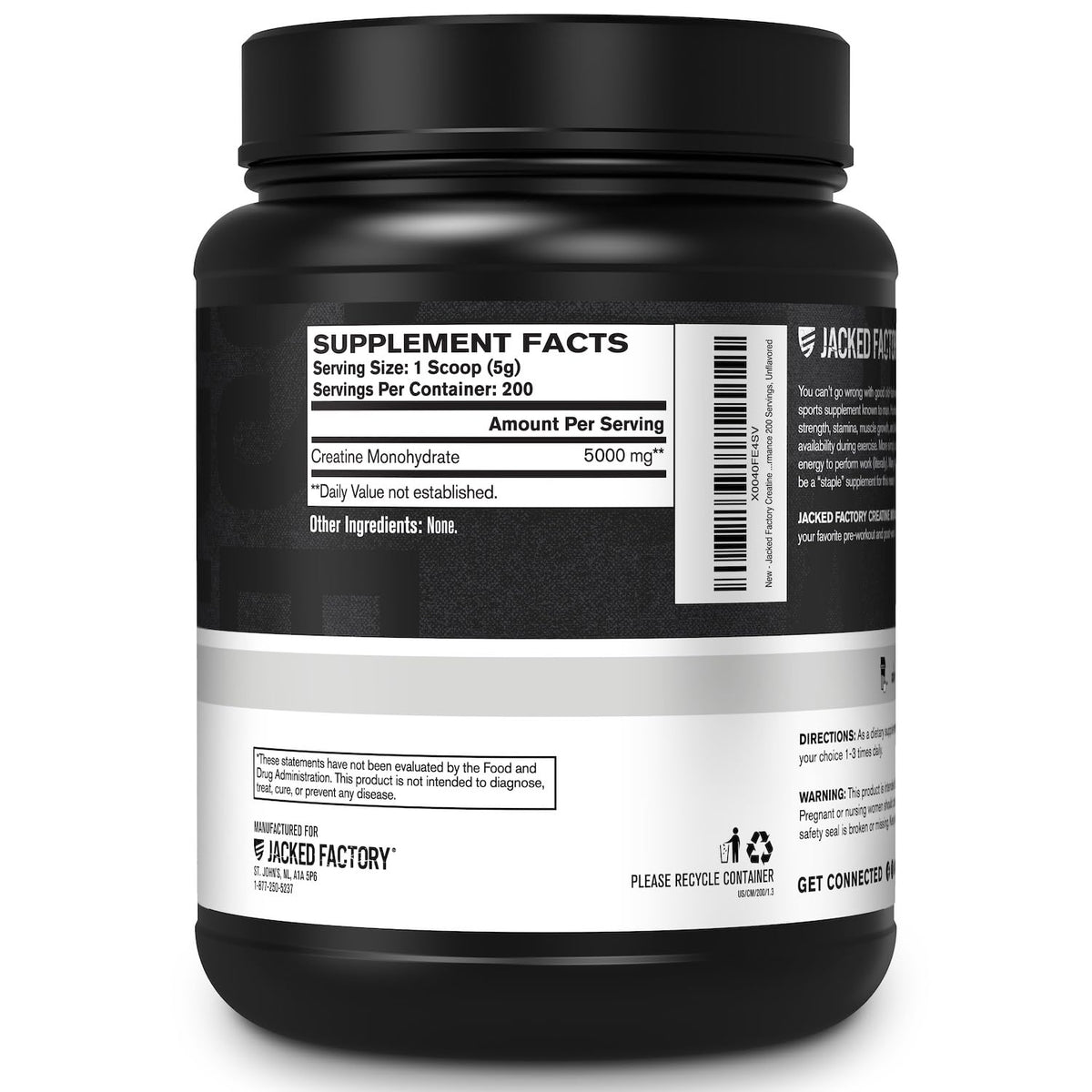 Suplement ​Jacked Factory Creatine Monohydrate Powder 1000g - 5g Daily Creatine Supplement for Men and Women, Vegan-Friendly, VelvetGlow USA