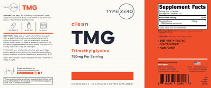 Type Zero Clean TMG (Trimethylglycine) 750mg, 120 Capsules, Gluten Free | GMO-Free