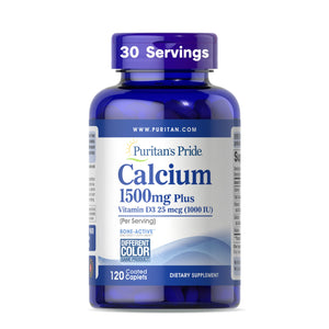 Suplement ​Puritan's Pride Absorbable Calcium 1500 mg Plus Vitamin D3 25mcg 1000 IU, Dietary Supplement for Bone Strength, Heart, Nerve, Muscle - VelvetGlow USA