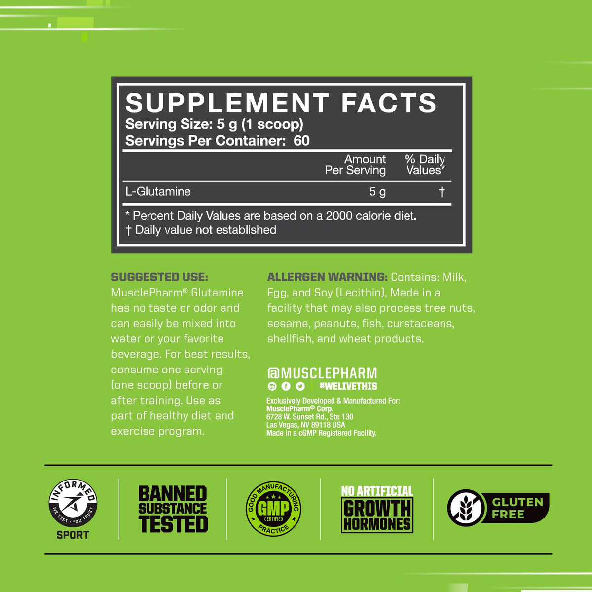 MusclePharm Glutamine, Pure L-Glutamine Powder Supplement for Post Workout Muscle Recovery, Energy & Gut Health, 5g L Glutamine Powder per Serving, Gluten-Free, Unflavored, 60 Servings