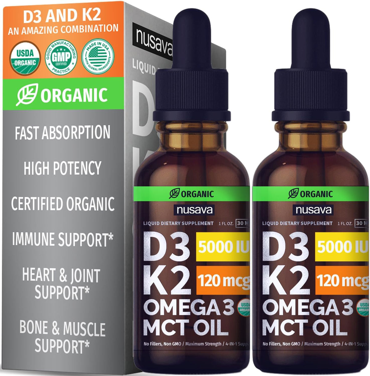 NUSAVA Unflavored D3 K2, Strawberry Flavored D3 K2 & Vitamin B12 Liquid Drops Bundle — Daily Wellness Liquid Vitamins for Energy & Immune Support — Non-GMO, Gluten-Free, 2pk Each