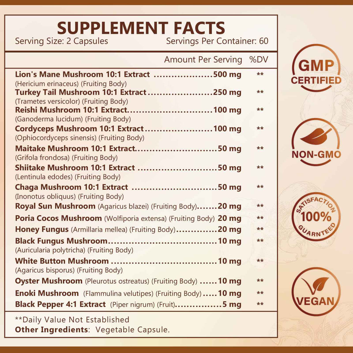 NATURE TARGET 14-in-1 Mushroom Supplement - Mushroom Complex with Lion's Mane, Cordyceps, Reishi & Turkey Tail - Caffeine-Free Energy, Memory & Immune Support - Vegan, 120 Capsules