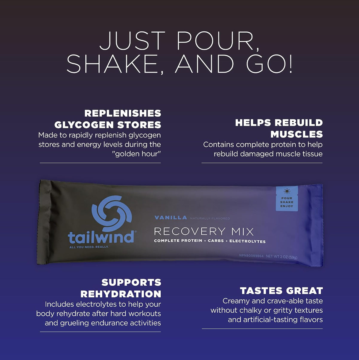 Tailwind Nutrition Recovery Mix, Vanilla, 12 Single-Serving Sachets