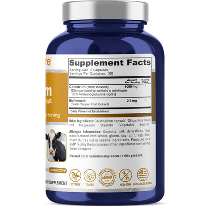 NusaPure Colostrum 1050mg 30% IgG 200 capsules (Non-GMO, Soyfree) Bioperine