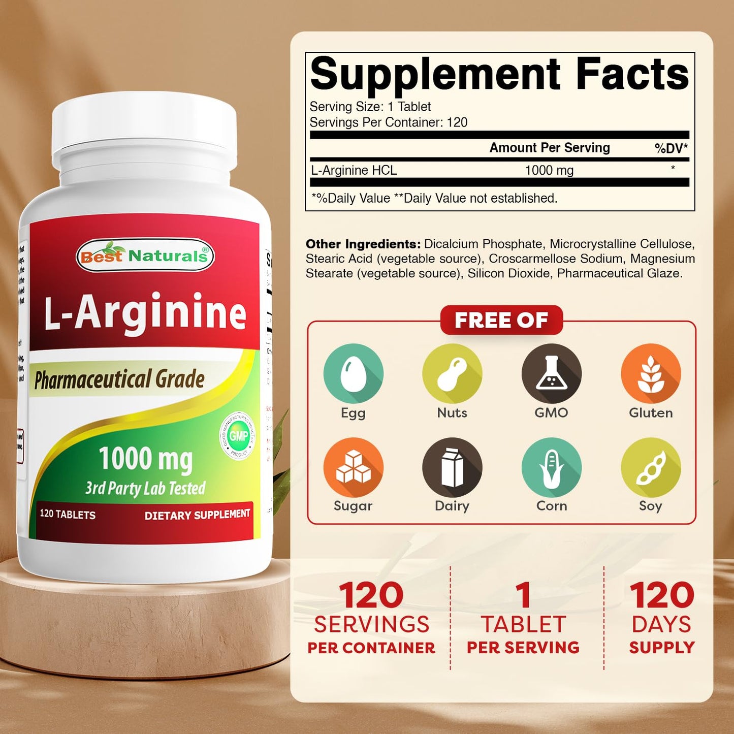 (New Improved Formula) Best Naturals L-Arginine 1000 mg 120 Tablets - Grade L Arginine Supplement