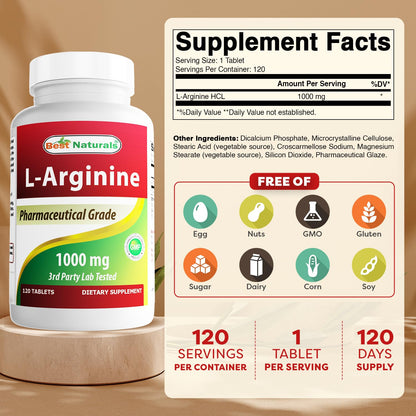 (New Improved Formula) Best Naturals L-Arginine 1000 mg 120 Tablets - Grade L Arginine Supplement