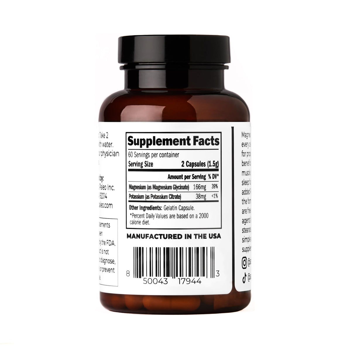 Santa Cruz Paleo Magnesium + Potassium Caps, Supplement for Men and Women, Paleo, Keto, Sugar & Gluten Free, Magnesium Glycinate 166mg and Potassium Citrate 38mg per Serving, American Made, 60 Caps
