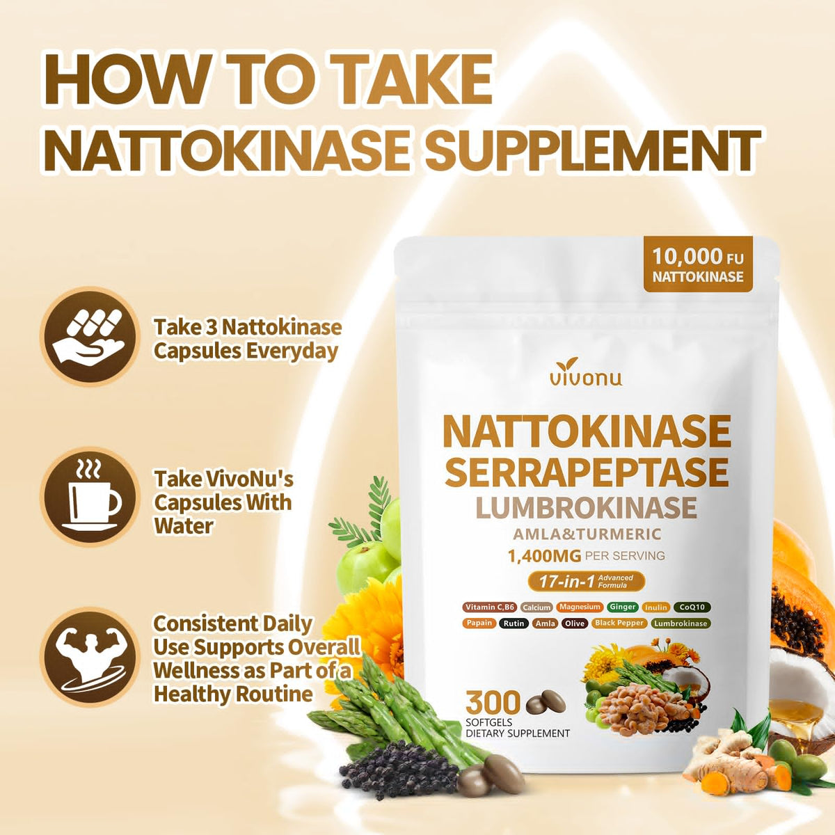 VivoNu Nattokinase 300 Softgels, 500mg(10,000 FU) Per Serving | 17-in-1 Organic Nattokinase Supplement with Serrapeptase*,Lumbrokinase*,CoQ10,AMLA&Turmeric|for Heart* Health|Non-GMO
