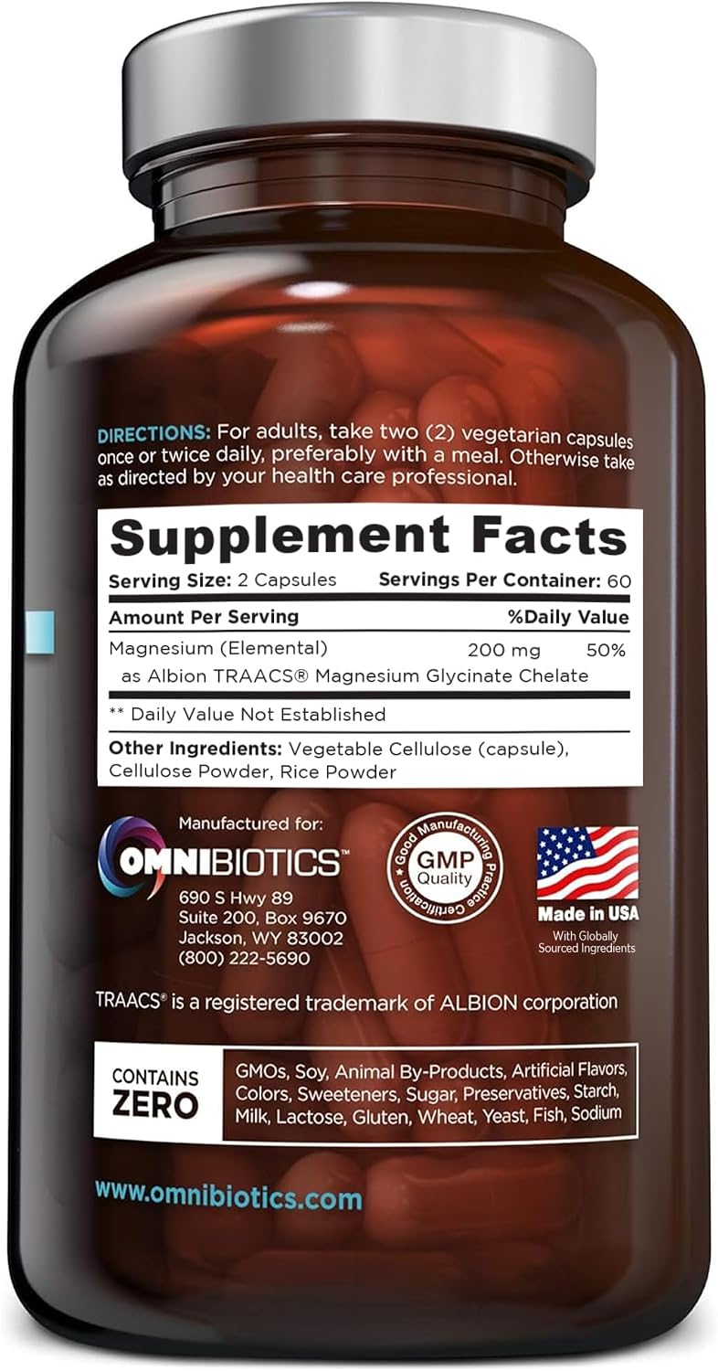 OmniBiotics Magnesium Glycinate Supplement – with 100% Pure Albion TRAACS Bisglycinate Chelate for Sleep, Muscle, Nerve & Heart Health – 120 Vegan Capsules (Pack of 2)