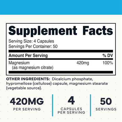 Type Zero Clean Magnesium Citrate (420mg) 200 Capsules, Gluten-Free | Pure Magnesium Citrate Supplement, GMO-Free, 50 Servings