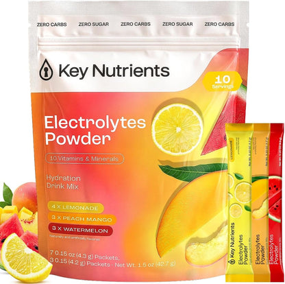 KEY NUTRIENTS Electrolytes Powder Bundle, Variety Pack 10 Count Packets + Tropical Peach Mango 20 Count Packets, Sugar Free Hydration Travel Drink Mix with Vitamins & Minerals, No Calories