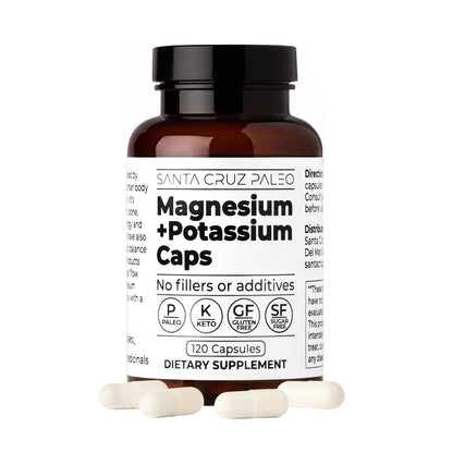 Santa Cruz Paleo Magnesium + Potassium Caps, Supplement for Men and Women, Paleo, Keto, Sugar & Gluten Free, Magnesium Glycinate 166mg and Potassium Citrate 38mg per Serving, American Made, 60 Caps