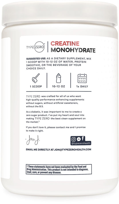Type Zero Creatine Monohydrate Powder (Unflavored) 500 Grams, Micronized | 5000mg Per Serving, Zero Sugar, Keto Friendly & Gluten-Free, 100 Servings