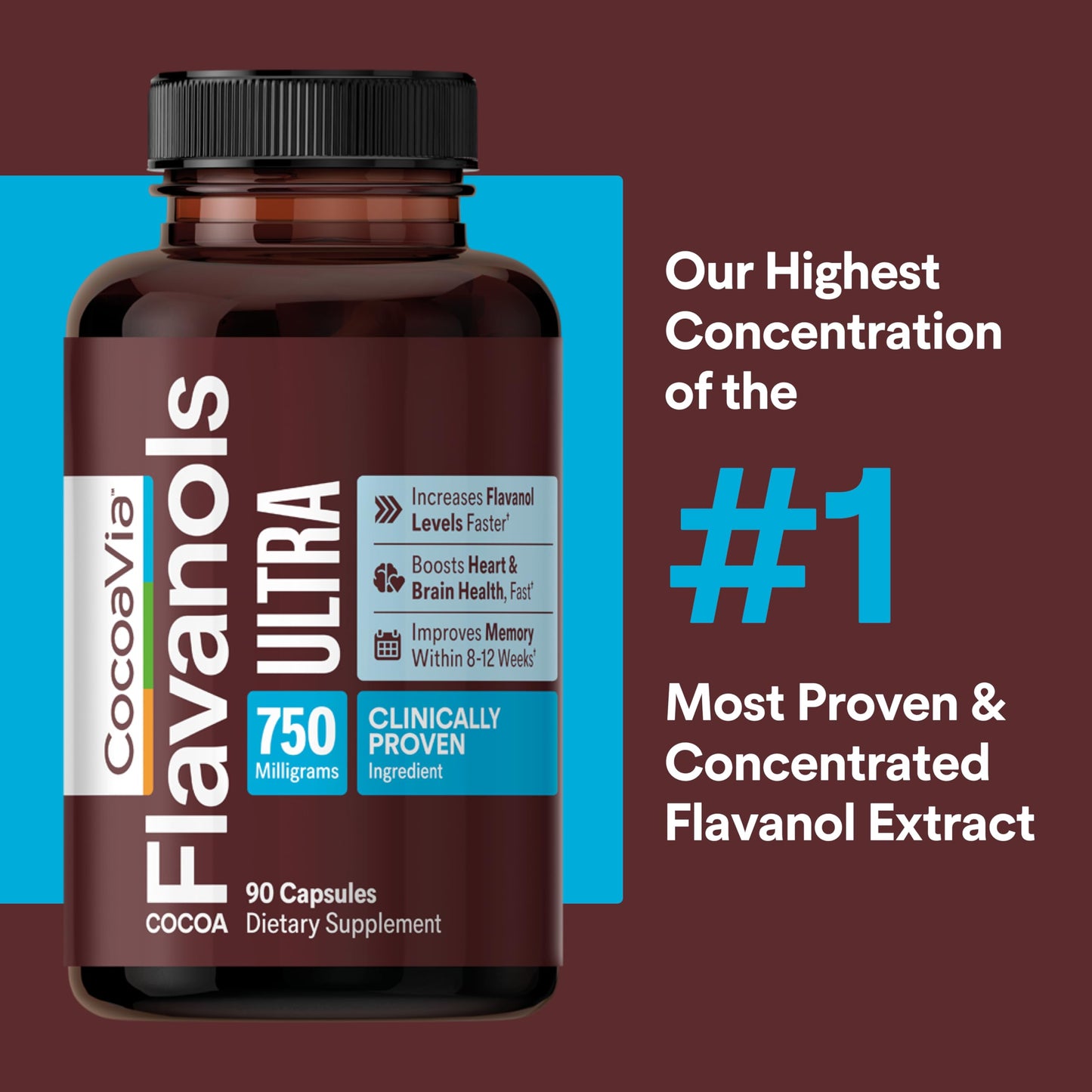 CocoaVia Ultra 750mg Cocoa Flavanols – Heart & Brain Support, Memory & Blood Circulation Booster, High Flavanol Cocoa for Nitric Oxide, Energy & Oxygen Boost