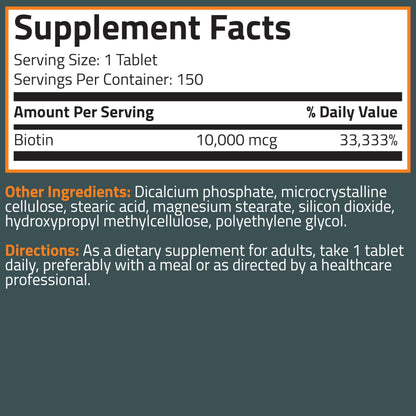 Bronson Biotin 10,000mcg, Supports Healthy Hair, Skin and Nails, Vegetarian, Non-GMO, 150 Tablets