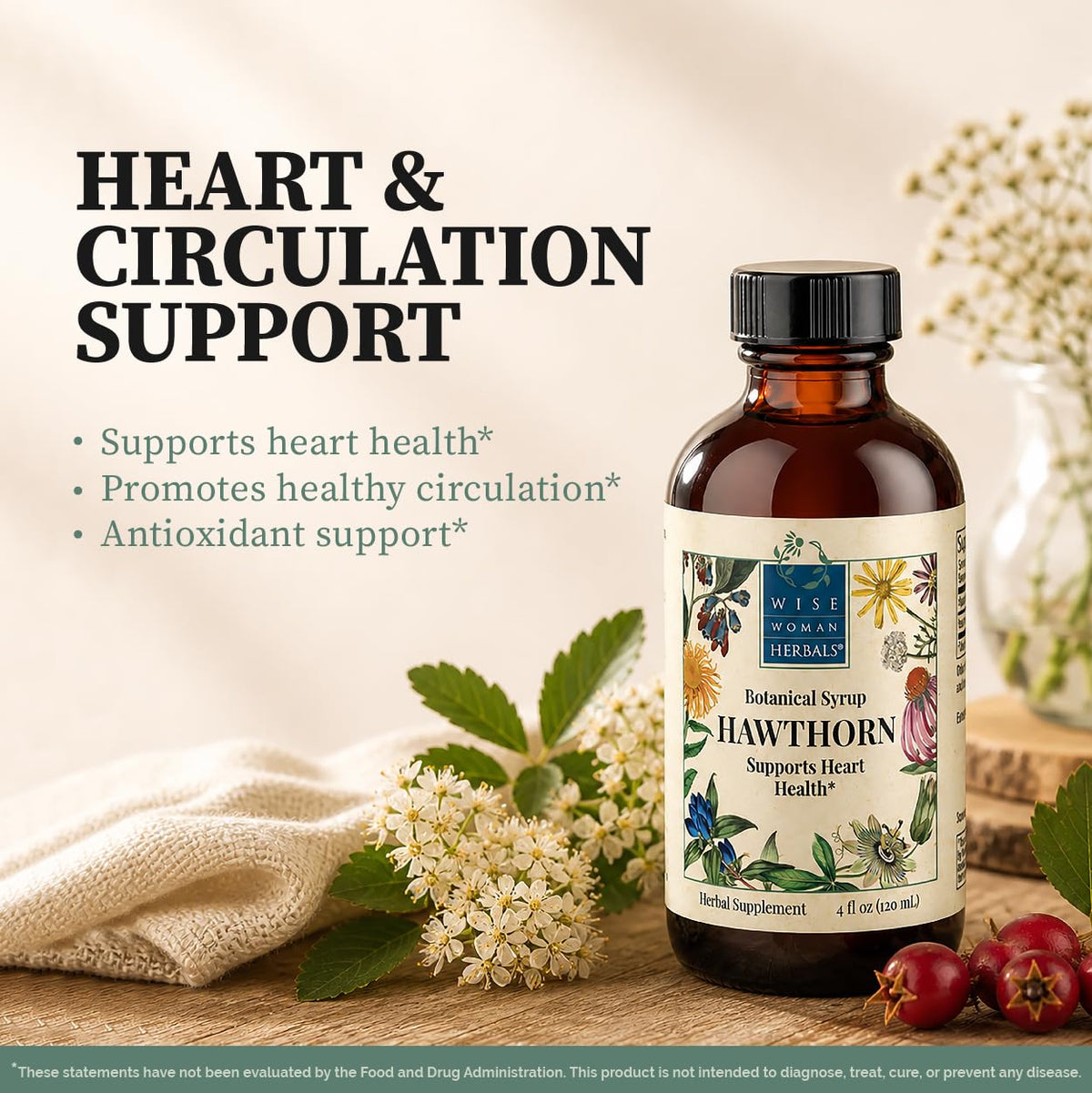 Suplement ​Wise Woman Herbals Hawthorn Botanical Syrup, Alcohol-Free Hawthorn Berry Solid Extract 4:1, Promotes Healthy Circulation, Antioxidant Protection, Herbal Cardiovascular Support, 4 Fl Oz - VelvetGlow USA
