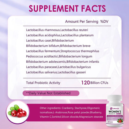 OMOGS Women's Probiotic, with Cranberry Extract, Organic Prebiotics & Vitamin C, 120 Billion CFUs,18 Strains, Help for Boost Immune, Digestive, Gut Health & Women's Health,120 Tablets