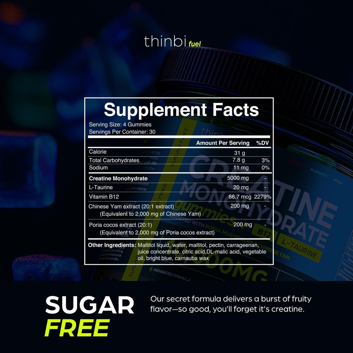 Thinbi Creatine Gummies for Women & Men, Monohydrate, Blueberry, 120 Count