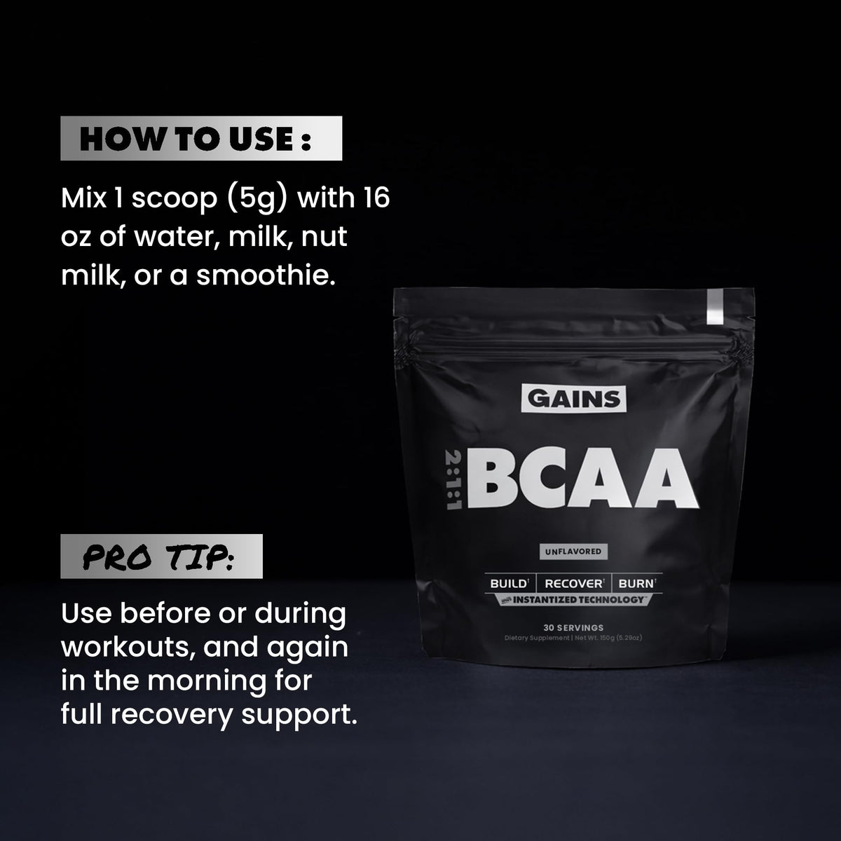 Gains in Bulk BCAA Powder, Amino Acids, Unflavored, 30 Servings