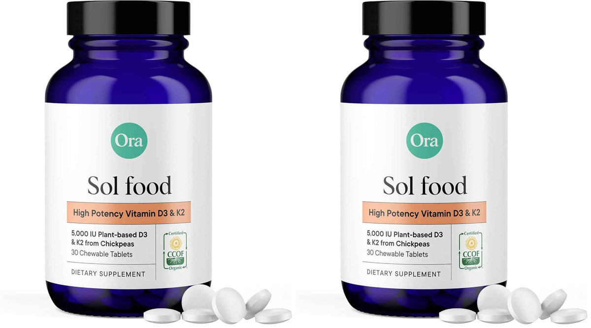 Ora Organic Vitamin D3 5000IU + K2 - Vegan Vitamin D from Lichen and K2 from Chickpeas for Bone Health, Immune Support, & Mood, Maximum Absorption - 1 Month Supply, 30 Chewable Tablets (Pack of 2)