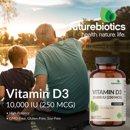 Futurebiotics Vitamin D3 10,000iu (250mcg) 360 Day Supply for Healthy Muscle Function and Immune Support, Non-GMO, 360 Tablets