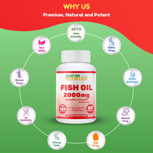 Suplement ​Halal Omega 3 Fish Oil 2000mg - 60 Servings, 120 Softgels. Wild Caught, Purified, Keto Friendly, Non-GMO & Gluten-Free. Brain, Heart & Cardiovascular Support. - VelvetGlow USA