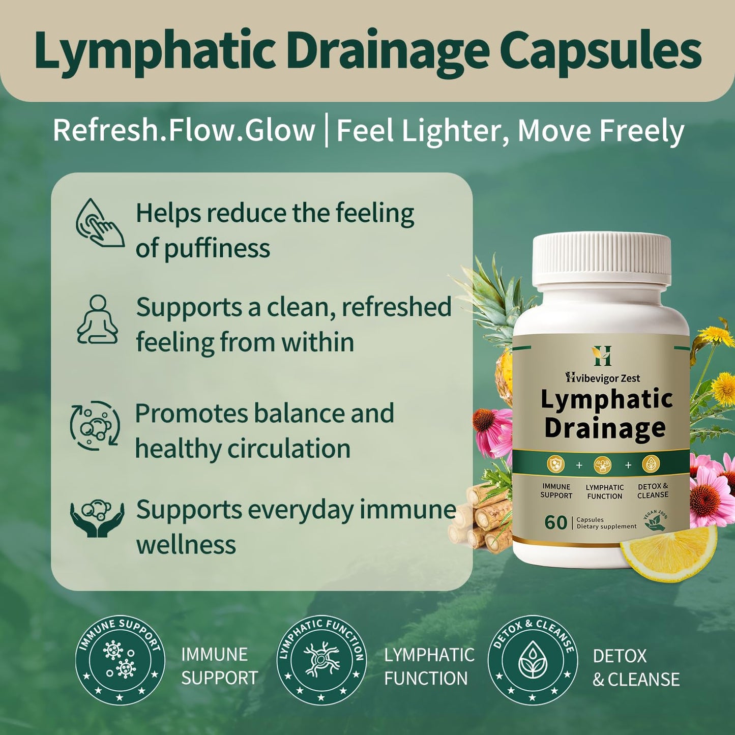 Lymphatic Drainage Supplement – Natural Herbal Formula with Dandelion, Burdock & Echinacea, Supports Fluid Balance, Immune Health & Cellulite Reduction – 60 Capsules HVibeVigor Zest buy supplements Au