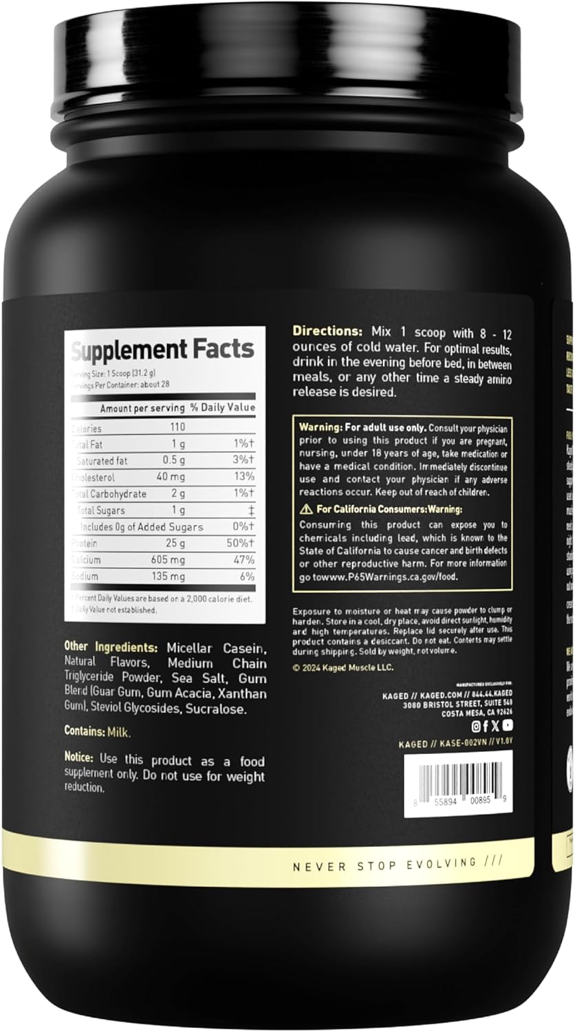 Kaged Premium Casein Protein Powder | Vanilla | Micellar Casein | Banned-Substance Free Supplement, Build Muscle, Recover Faster | Kasein | 28 Servings
