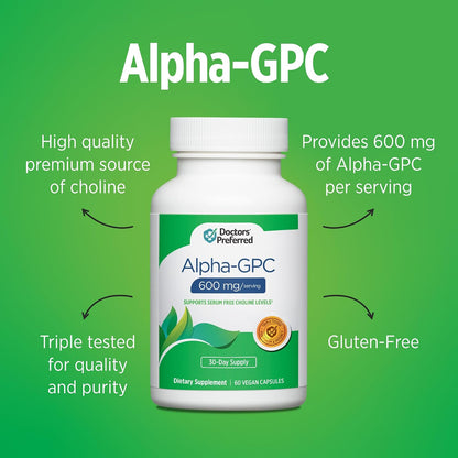 DOCTORS' PREFERRED Alpha GPC Supplement - Premium Formula. 600 MG/Serving, 60 Vegan Capsules, 30-Day Supply