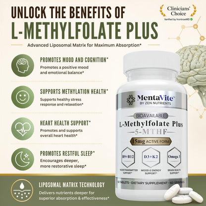 L-Methylfolate 15 mg Liposomal Matrix - Active 5-MTHF with Methylcobalamin (B12), B9, Omega 3, D3 + K2 - Methyl Folate Supplement Supports Mood, Methylation, Cognition, Vegan, 60 Tablets/Servings
