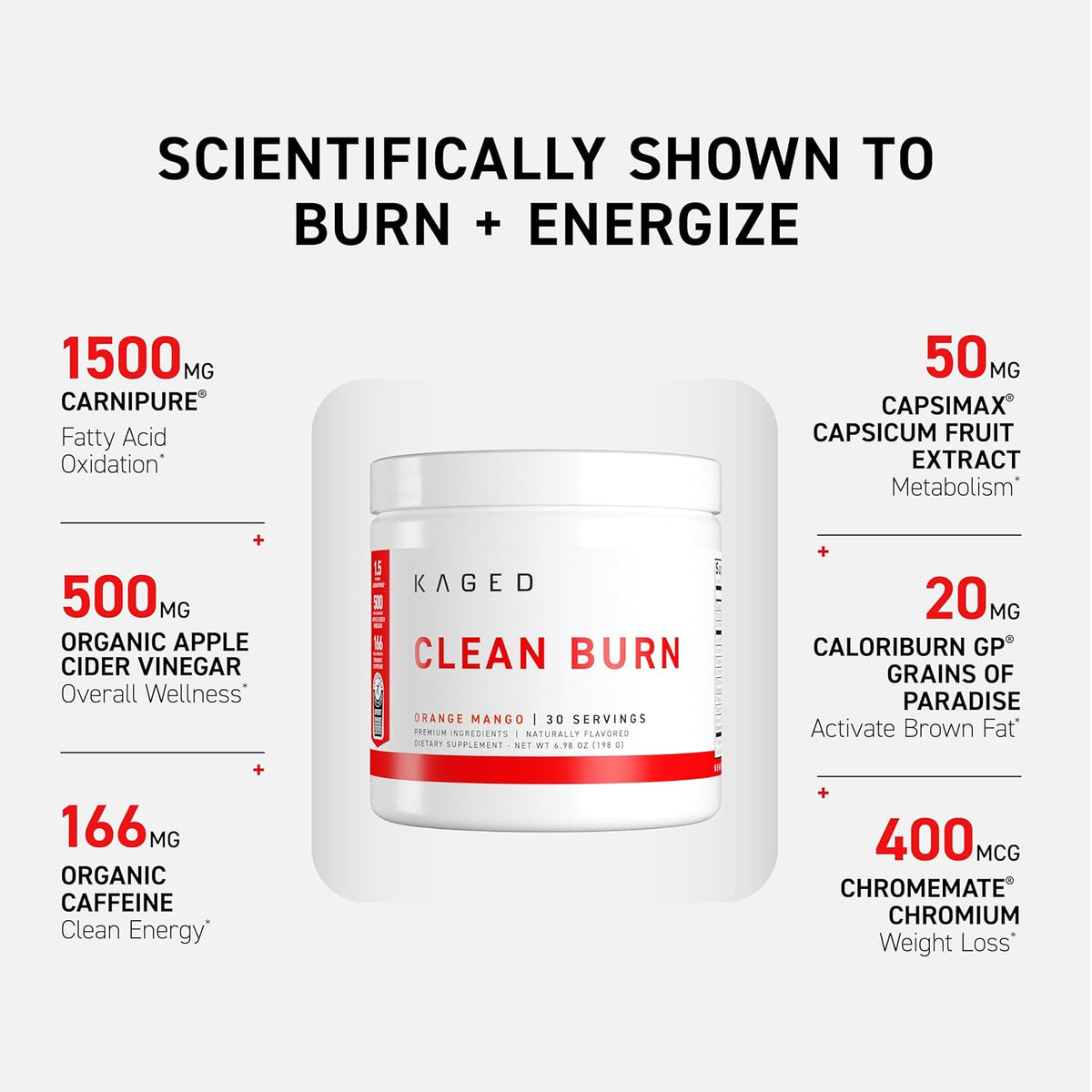 Kaged Thermogenic Powder Clean Burn Orange Mango Men & Women Weight Management Supplement Organic Caffeine Apple Cider Vinegar 30 Servings