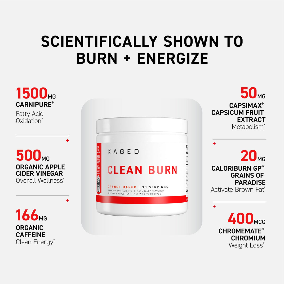 Kaged Thermogenic Powder Clean Burn Orange Mango Men & Women Weight Management Supplement Organic Caffeine Apple Cider Vinegar 30 Servings