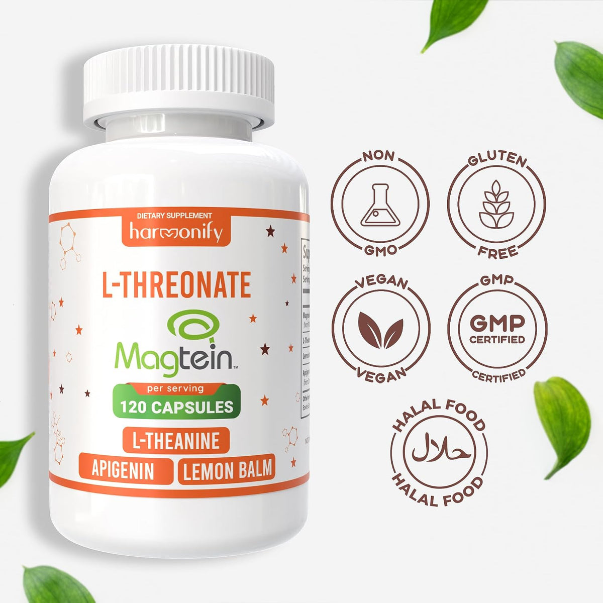 Magtein Magnesium L Threonate Supplement with L Theanine, Lemon Balm and Apigenin, High Absorption 120 Purified Veggie Capsules, 1400 mg, Gluten Free, Non-GMO, Vegetarian