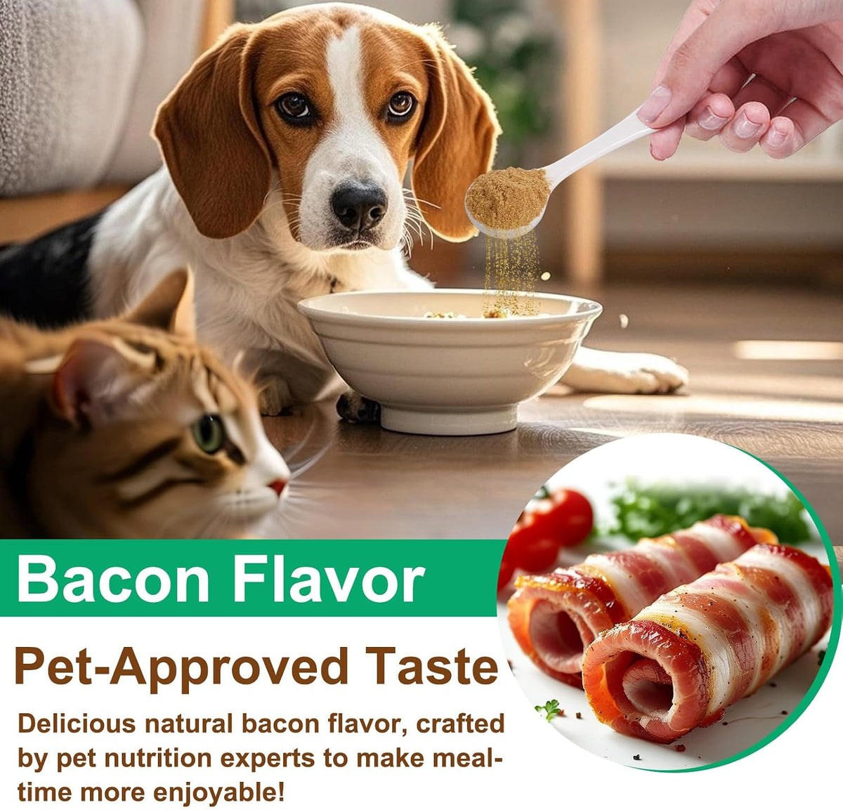 Mushroom Supplement Powder for Dogs & Cats, 11 Beneficial Mushroom Complex for Immune Support, Cellular Protection, Heart & Brain Health Lion's Mane, Reishi & Turkey Tail, Bacon Flavor - 120g