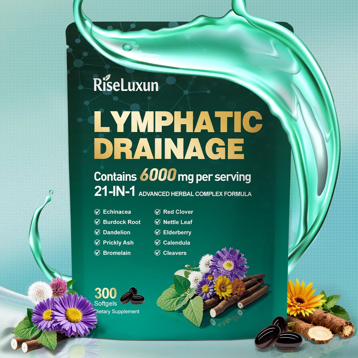 21-in-1 Liposomal Lymphatic Drainage Supplements, 100 Day Supply, 6000mg Lymph System Support for Women & Men with Echinacea, Dandelion, Burdock, Bromelain, Calendula, Turmeric & More, 300 Softgels RiseLuxun buy supplements Au