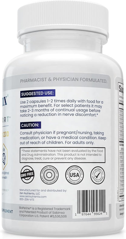 Zen Nutrients NeuraZenX Nerve Support & Peripheral Neuropathy Support Supplement with 1200mg Alpha Lipoic Acid (ALA), Benfotiamine, L-Carnitine, and Turmeric