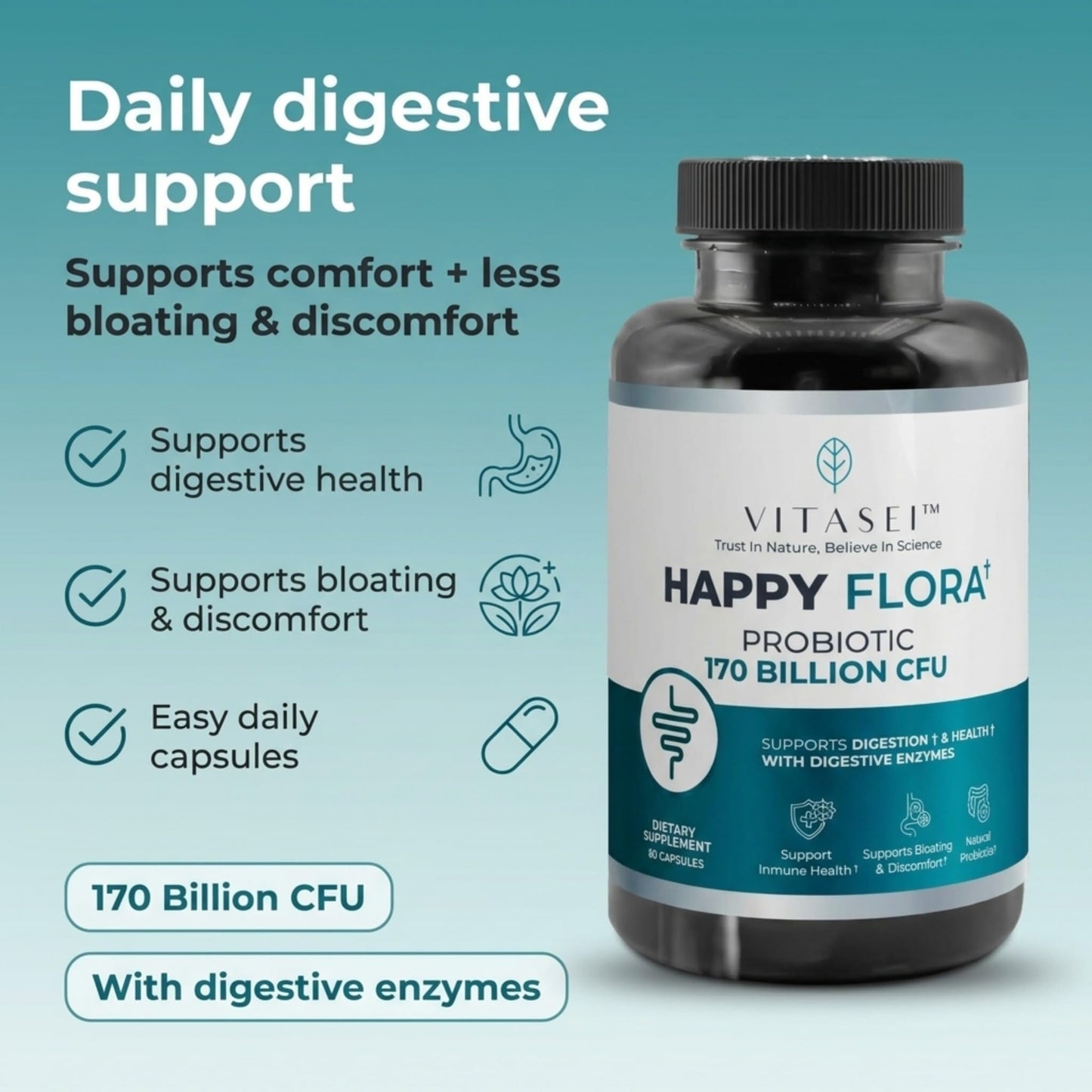 VITASEI Happy Flora Probiotic Supplement – 170 Billion CFU with Digestive Enzymes – Gut Health and Metabolic Support for Women and Men – 120 Capsules 2-Month Supply