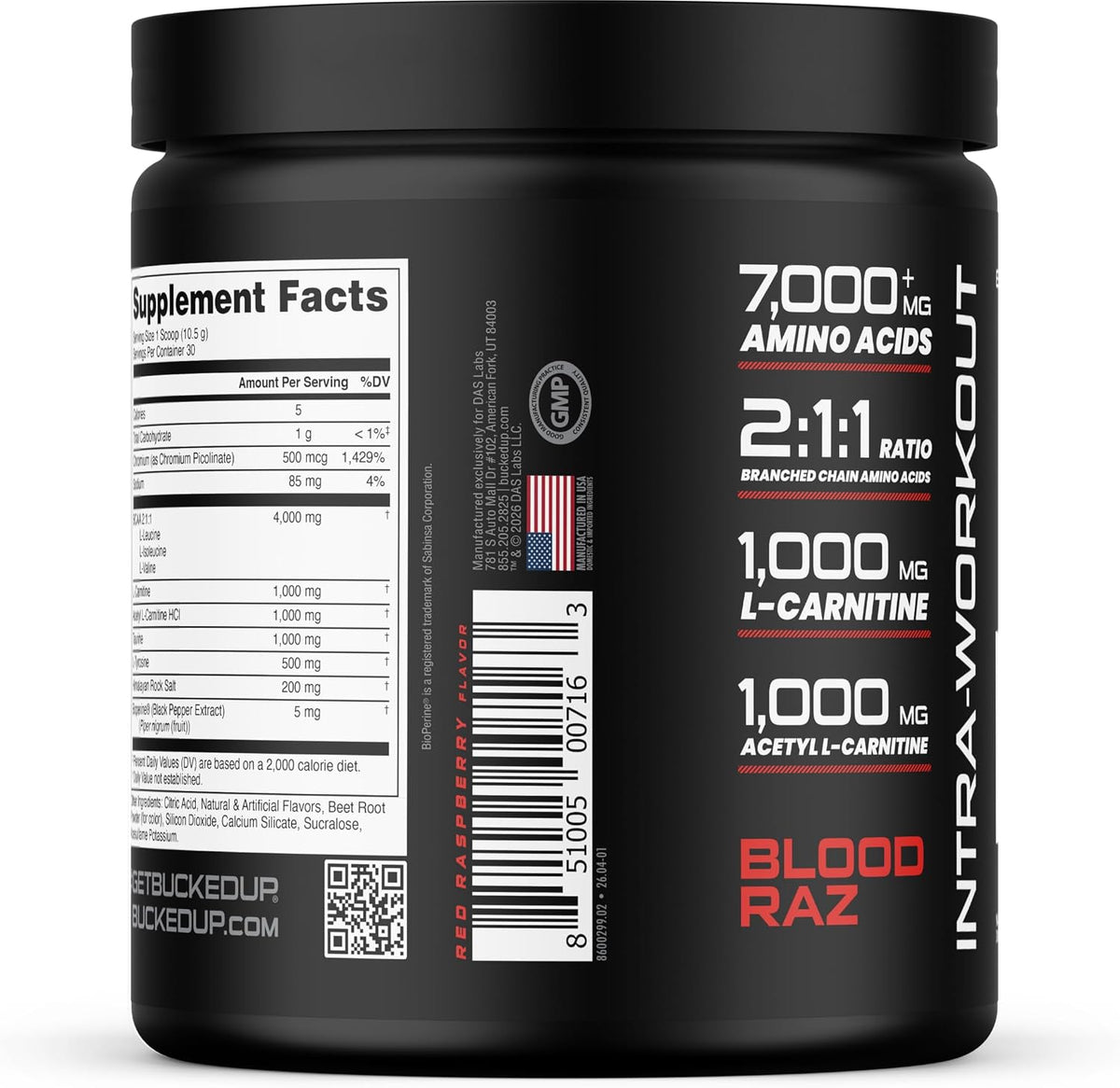 Bucked Up Racked Blood Raz | Intra Workout BCAA 2-1-1 Formula with L Carnitine Acetyl L Carnitine Taurine and L Tyrosine | Amino Acid Powder Supplement (30 Servings)