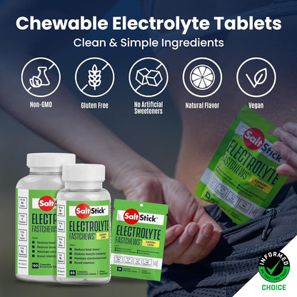 SaltStick Electrolyte FastChews Chewable Tablets, Lemon Lime, 120 count, 12 packets of 10 tablets each