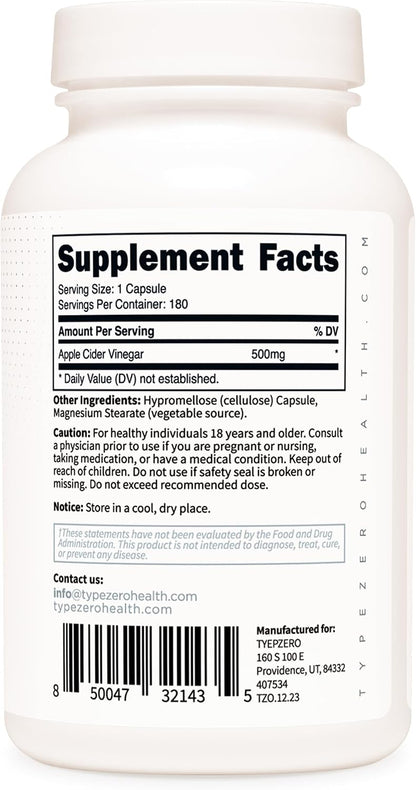 Type Zero Apple Cider Vinegar Capsules (500mg) 180 Capsules, Gluten-Free | GMO-Free Supplement