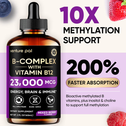 Venture Pal Vitamin B Complex Liquid Drops, B12 Methylcobalamin | B9 Folic | B1,B2,B3,B5,B6,B16 - Vitamin C, Choline, Inositol