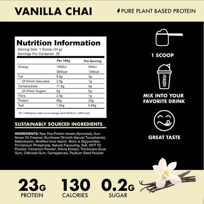 Blessed Vegan Protein Powder - Plant Based Protein Powder Meal Replacement Protein Shake, 23g of Pea Protein Powder, Dairy Free, Gluten Free, Soy Free, No Sugar Added, 30 Servings (Vanilla Chai)